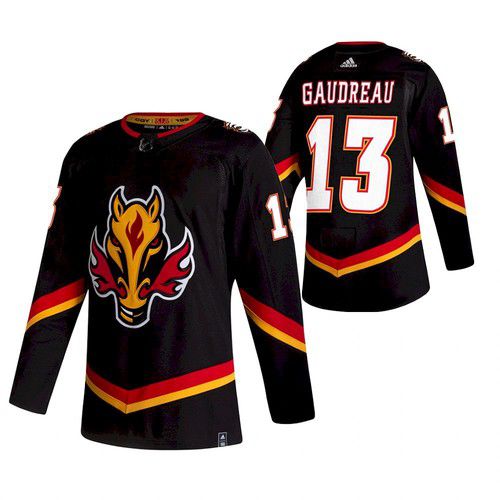 Men Calgary Flames 13 Gaudreau Black NHL 2021 Reverse Retro jersey